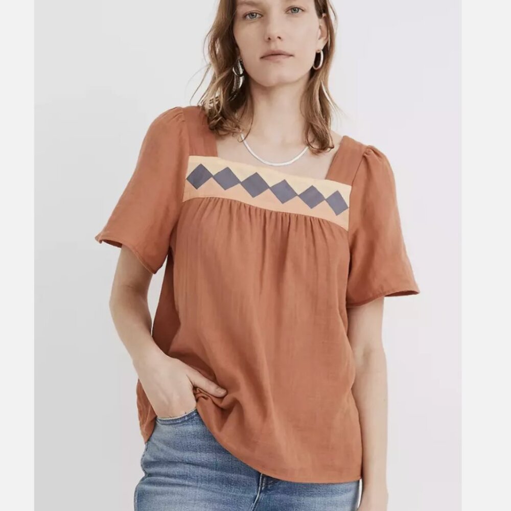 Madewell Patchwork Square Neck Top in Burnt Clay